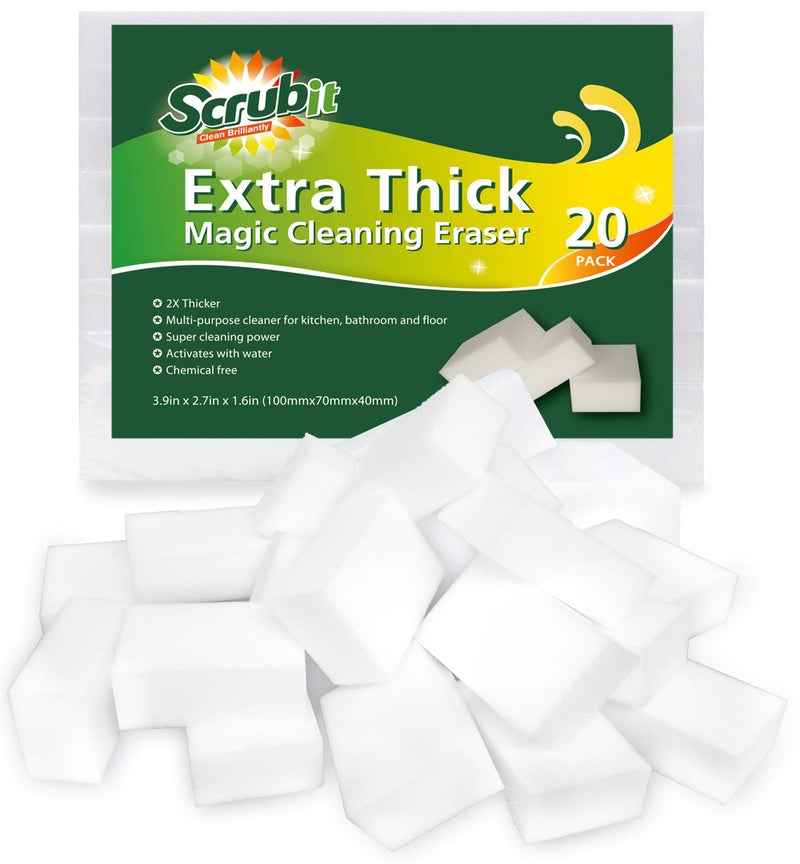 SCRUBIT (20 Pack) Extra Thick Magic Sponge Eraser by SCRUBIT- Kitchen, Bathroom, Floor and Wall Cleaner - Miracle Melamine Cleaning Sponges- Durable Long Lasting Foam Scrubbing Pads for Tough Stains and Dirt - Image 1